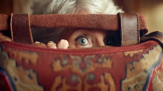 Intense stare of a woman hiding behind a patterned textile bag expressing fear and surprise