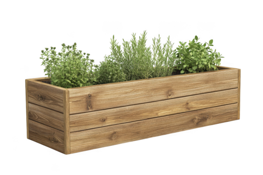 Wooden planter box with green plants herbs flowers garden container rustic isolated on transparent background