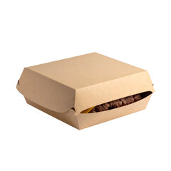 A partially open brown paperboard container holding a hamburger, against a black background