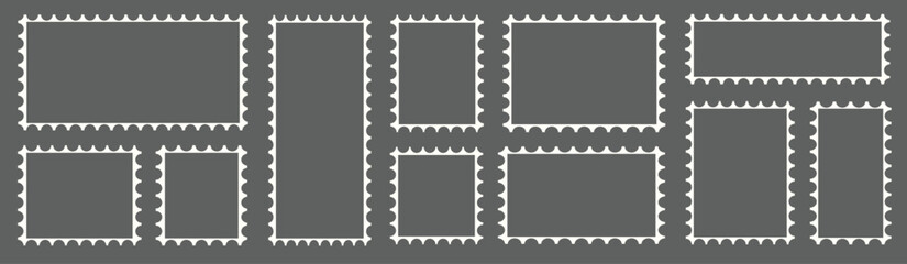 Postage stamp set. Mockup postage stamps. blank postage stamps. Post stamp frame and border. Zigzag edge and scallop edge