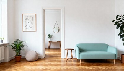Minimalist Living Room With Teal Sofa And Wooden Floor interior