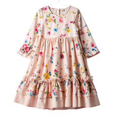 Light pink floral print dress with long sleeves, ruffled tiers, hung on a white hanger