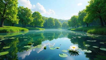 Serene Pond Reflecting Lush Greenery Tranquil Water Lilies, Dragonflies, and Idyllic Natural Beauty
