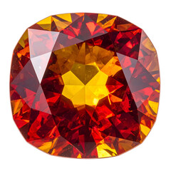 A vibrant, faceted gemstone with fiery red and orange hues, brilliant cut on black