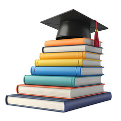 A stack of colorful books topped by a graduation cap, symbolizing education