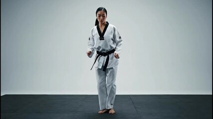 Female martial artist in white kimono practicing taekwondo kicks and stances in a studio.