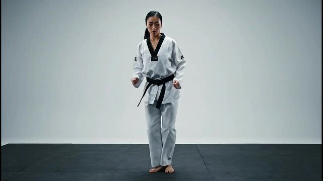 Female martial artist in white kimono practicing taekwondo kicks and stances in a studio.