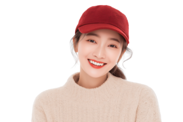Young Asian Woman Wearing Red Cap and Beige Sweater Smiling.