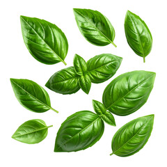 Isolated fresh green basil leaves, different angles, high-resolution, dark background