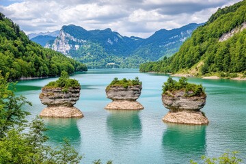 Three rocky islets in a tranquil lake, surrounded by lush green hills and mountains under a partly cloudy sky