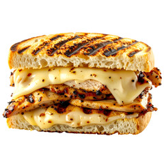 Grilled chicken sandwich with melted cheese between toasted bread, close-up view