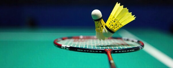 Badminton Shuttlecock Suspended Mid-Air Above Racket Strings, Dynamic Action Shot, Vibrant Colors, Sports Energy, Ready to Serve