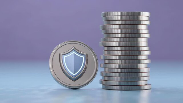 Shield token leaning against silver coin stack reflective surface conveying digital finance security and confidence shield coin leaning against stack
