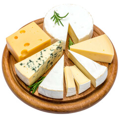 Assortment of various cheese wedges and wheels arranged on a round wooden serving board