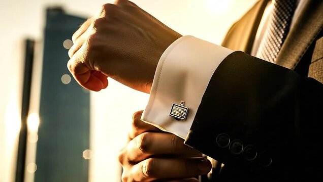 A well-dressed person adjusts the cufflink of their suit, blurred city background