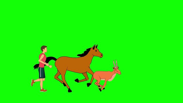 Man antilope and horse running loop animation in green screen