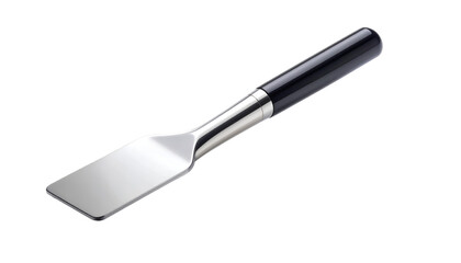 Fototapeta premium Sleek Stainless Steel Kitchen Spatula with Black Handle Isolated on Black. Modern Food Server, Baker's Tool, or Utensil for Cake and Pie Serving.