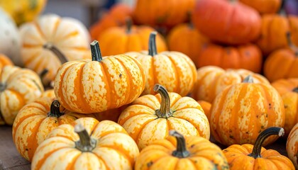 A close-up of several assorted gourds piled together