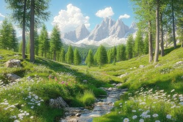 Sunny alpine meadow, creek, mountains