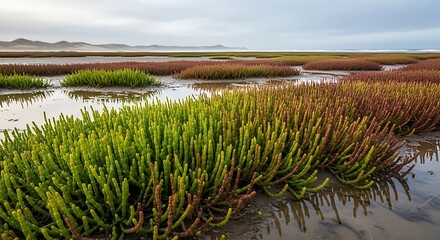 Vibrant coastal marsh landscape with diverse vegetation and reflections.