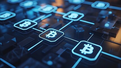 Digital blockchain network with glowing bitcoin symbols and circuit board elements cryptocurrency