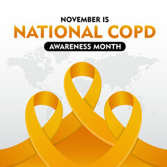 COPD Awareness Month. Observed every year on November. With orange ribbon awareness. Suitable for banner,  poster, social media and background design
