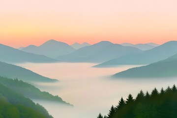 Obraz premium Serene misty mountains at dawn, a tranquil landscape.