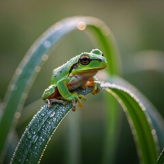 European Tree Frog Perched on Dew-Kissed Leaf in Natural Habitat.