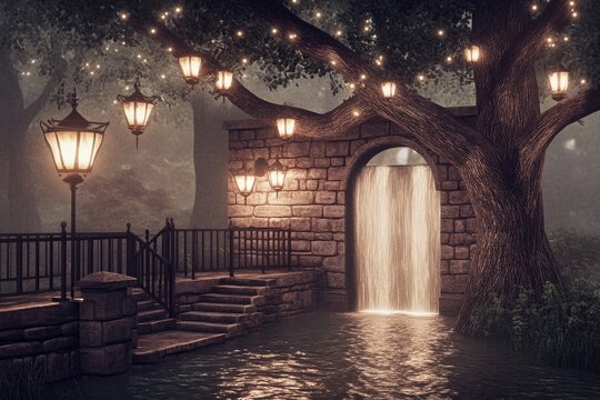 Enchanting, tranquil garden at night with waterfall and fairy lights