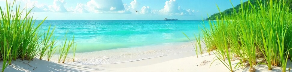 Tranquil Seagrass Swaying in Turquoise Shallow Waters Pristine Beach Scene