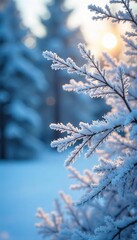 Icy Winter Wonderland Snow-Covered Branches Glimmering with Delicate Ice Crystals, a Picturesque Cold-Weather Scene Perfect for Holiday and Nature Themes