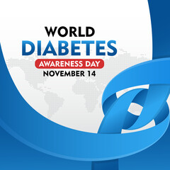 World Diabetes Awareness Day. 14th November Diabetes awareness banner with blue ribbon. Suitable for banner,  poster, social media and background design