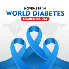 World Diabetes Awareness Day. 14th November Diabetes awareness banner with blue ribbon. Suitable for banner,  poster, social media and background design