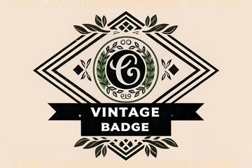 Vintage badge with letter c in wreath on beige textured background