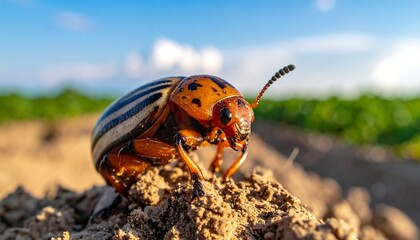 A close-up photo of a colorful striped beetle on a clod of earth