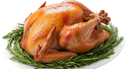 A perfectly roasted golden brown whole chicken, seasoned and garnished with fresh rosemary, isolated on a transparent background, ready to be served as a delicious meal