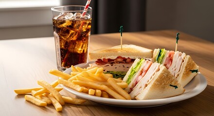Classic American Lunch - Club Sandwich, Fries, and Cola.