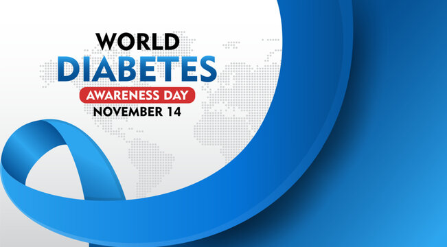 World Diabetes Awareness Day. 14th November Diabetes awareness banner with blue ribbon. Suitable for banner,  poster, social media and background design