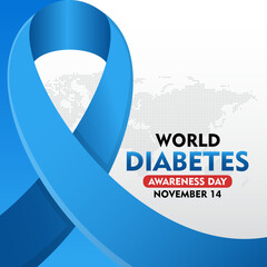 World Diabetes Awareness Day. 14th November Diabetes awareness banner with blue ribbon. Suitable for banner,  poster, social media and background design