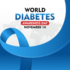 World Diabetes Awareness Day. 14th November Diabetes awareness banner with blue ribbon. Suitable for banner,  poster, social media and background design