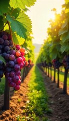 Sun-Ripened Grapes Hanging Heavy on the Vine A Picturesque Vineyard Harvest