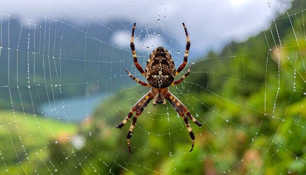 A close-up shot features a spider in its web with droplets
