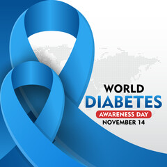 World Diabetes Awareness Day. 14th November Diabetes awareness banner with blue ribbon. Suitable for banner,  poster, social media and background design