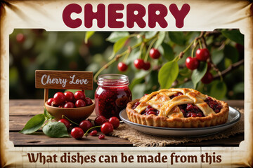 Cherry pie and jam, rustic still life, warm tones, Cherry Love-