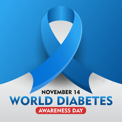 World Diabetes Awareness Day. 14th November Diabetes awareness banner with blue ribbon. Suitable for banner,  poster, social media and background design