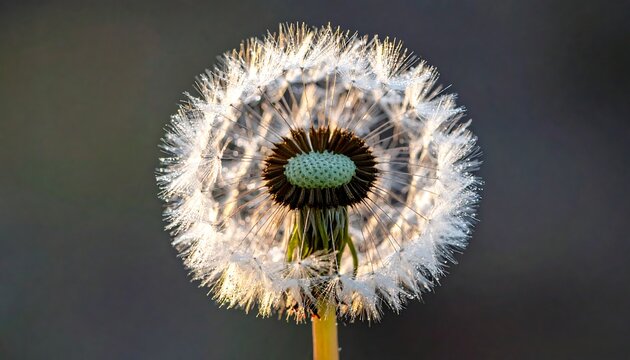 A close-up shot of a dandelion clock head, illuminated by soft sunlight