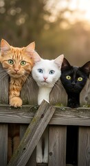 Three Curious Cats Peeking Over a Wooden Fence in the Garden.