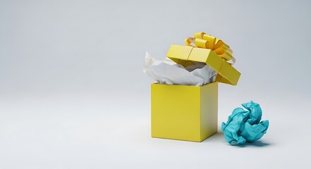 Open yellow gift box with crumpled paper on white background.