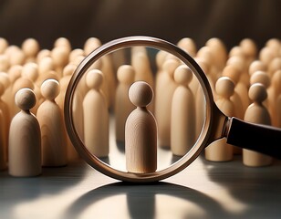A magnifying glass focuses on a single figure, emphasizing selection amidst a crowd of wooden figures. The focus is on the concept of finding the right fit.