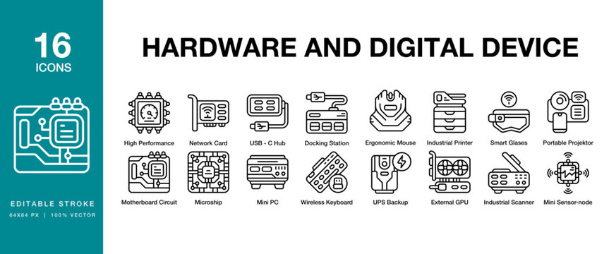 Hardwere and Digital Device icon set. Includes digital, hardware, computer, technology, device and More. Editable Stroke Icon Collection.